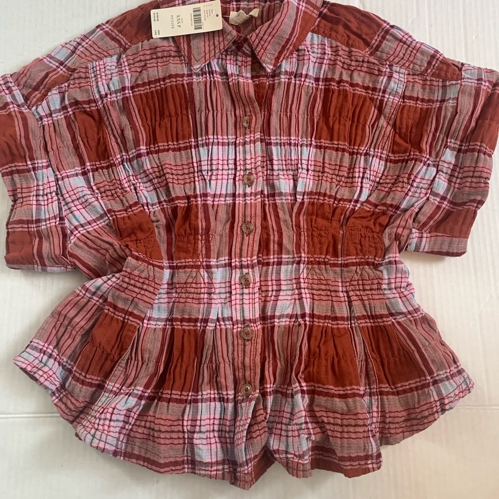 ANTHROPOLOGIE-Pilcro The Bobbie Short-Sleeve Fitted Waist Plaid BlouseXXS Petite - Picture 5 of 7
